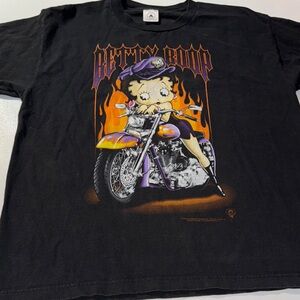 Y2K 2000 Black Betty Boop on a Motorcycle with‎ Flames T-Shirt Silky Delta Tag